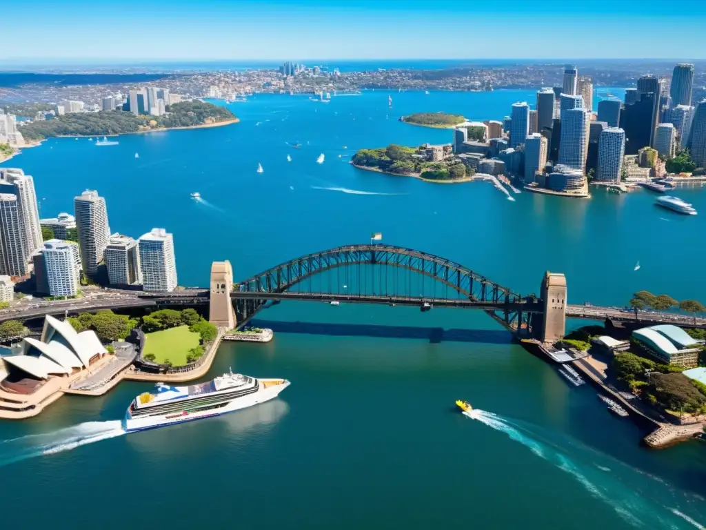 Vista aérea impresionante del Puente de Sydney y su entorno urbano Puentes emblemáticos de Oceanía: El icónico Puente de la Bahía de Sídney destaca su grandiosa arquitectura y el animado tráfico sobre el agua