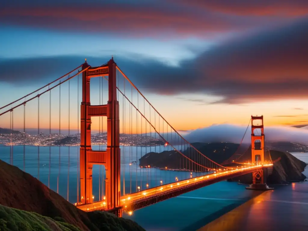 Puentes emblemáticos impresionantes historia: vista de la icónica Torre del Golden Gate Bridge al atardecer en San Francisco, California