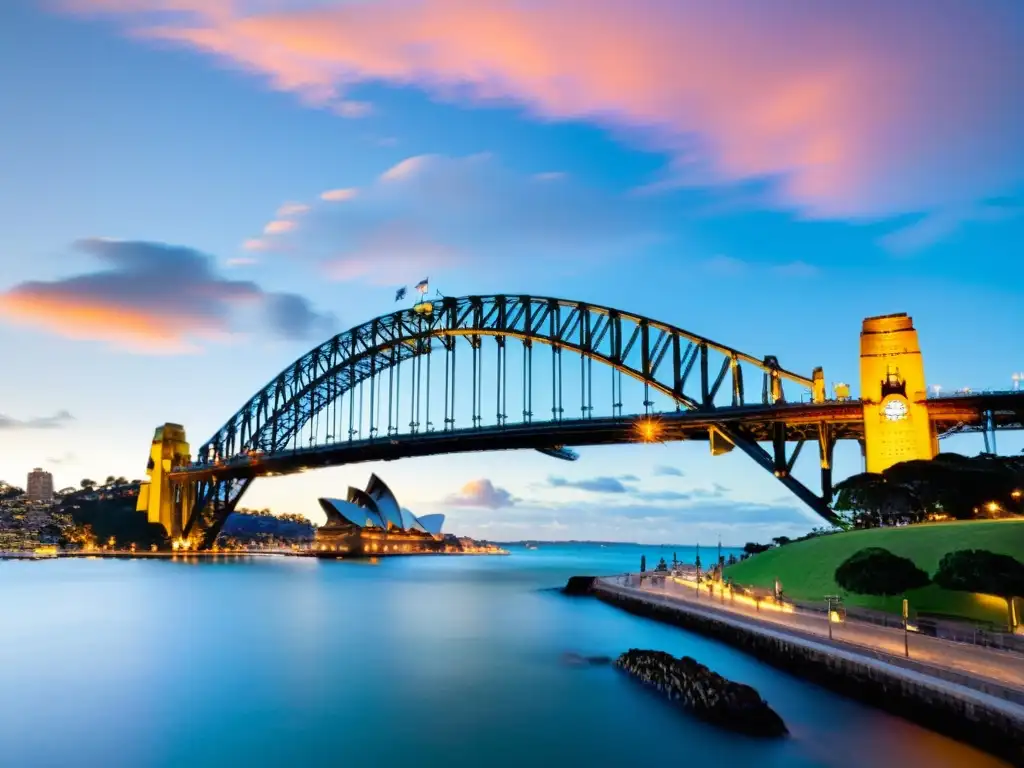 Esplendoroso amanecer en el Puente de Sydney Puentes emblemáticos de Oceanía: Majestuoso amanecer con el icónico Sydney Harbour Bridge reflejado en el agua tranquila