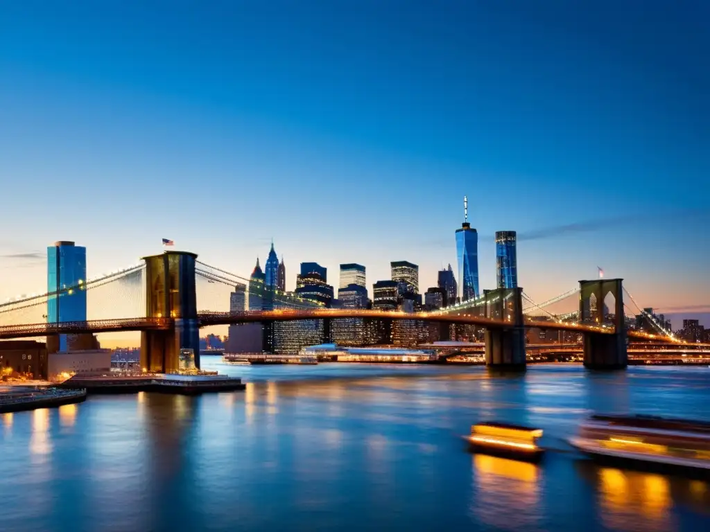 Puentes emblemáticos diseño urbano: Fotografía detallada del puente de Brooklyn al anochecer, con el perfil icónico y el resplandor de la ciudad