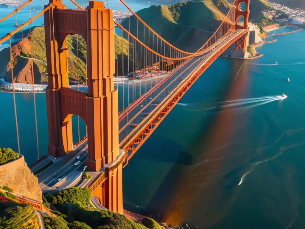 Fotografiar puentes con encuadres creativos: una impresionante vista del Puente Golden Gate en un vibrante atardecer, destacando su icónica estructura y juego de luces y sombras