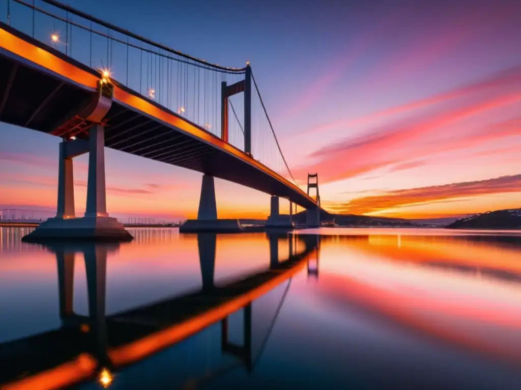 Fotografiar puentes con encuadres creativos: un puente moderno se siluetea contra un cielo vibrante al atardecer, reflejándose en aguas tranquilas