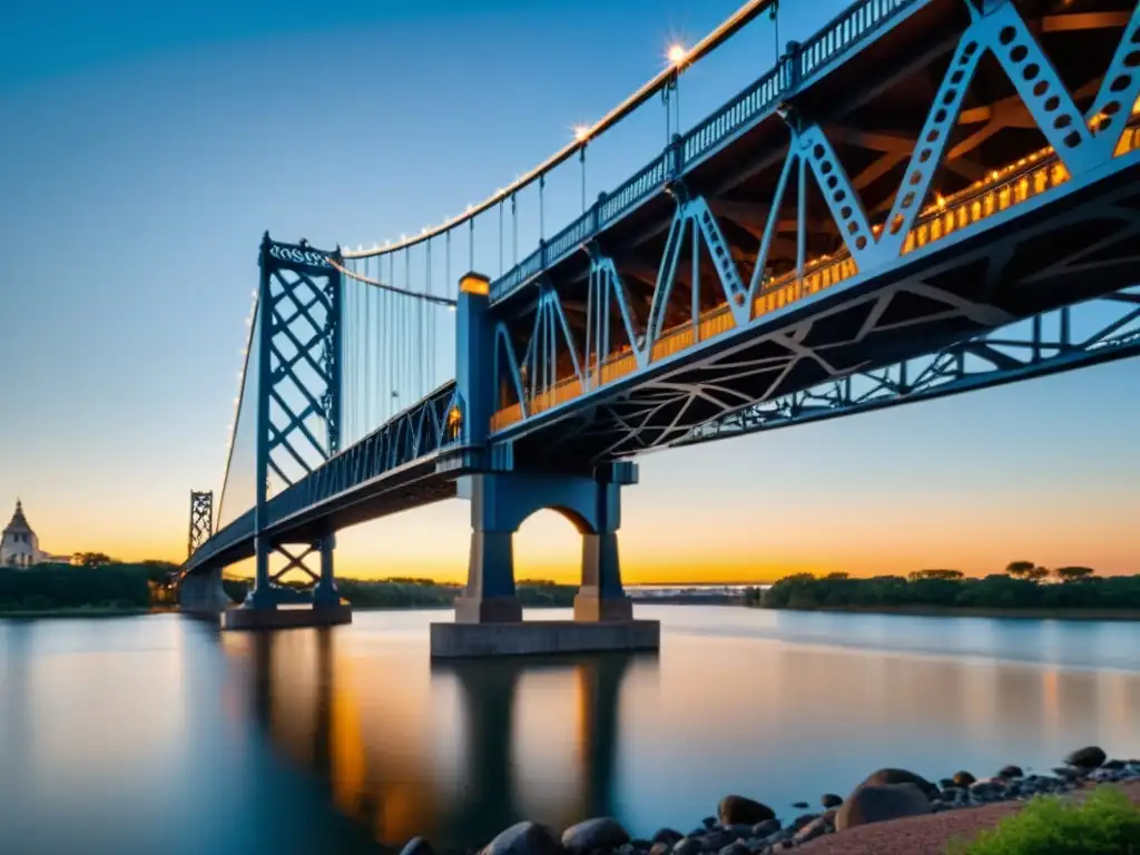 Fotografiando puentes con encuadres creativos: Puente majestuoso sobre río al atardecer