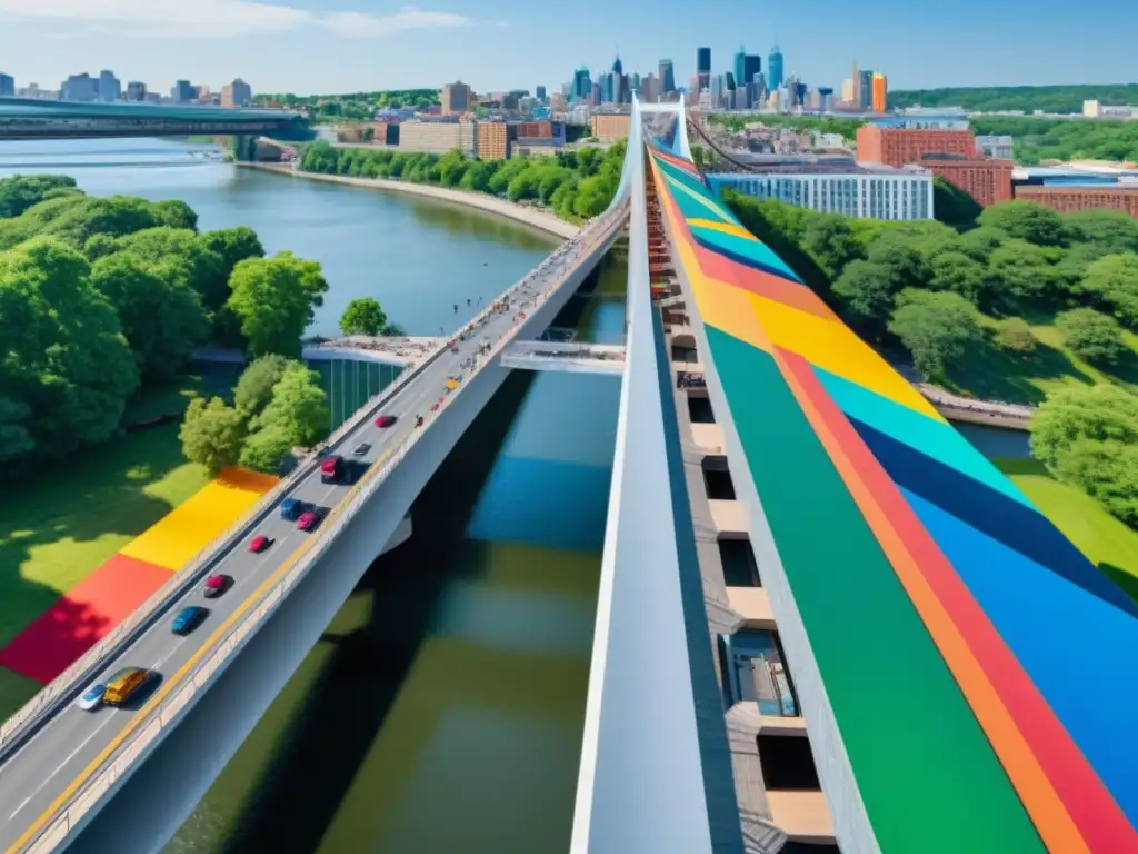 Ingeniería de puentes inspira eventos artísticos: Impactante instalación de arte en puente urbano con colores vibrantes y admiradores locales