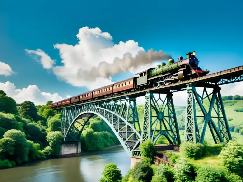 Puentes históricos de la era del vapor: Un majestuoso puente de hierro en un paisaje verde, atravesado por un tren de vapor vintage