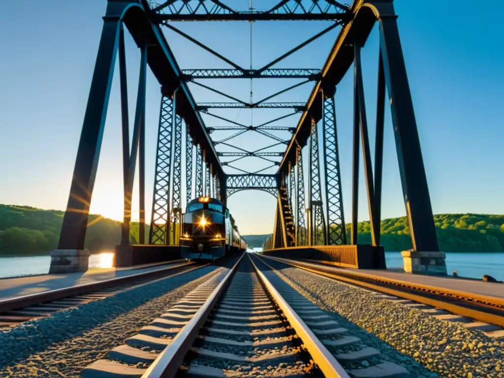 Puentes históricos de la era del vapor: Puente ferroviario de Poughkeepsie al atardecer, con locomotora de vapor cruzando