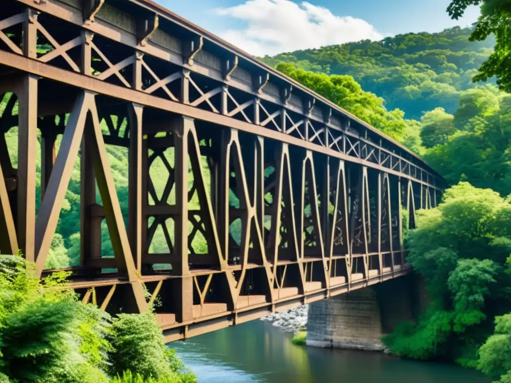 Puentes históricos de la era del vapor: Puente de hierro y piedra con patina enmarcado por exuberante vegetación y río sereno