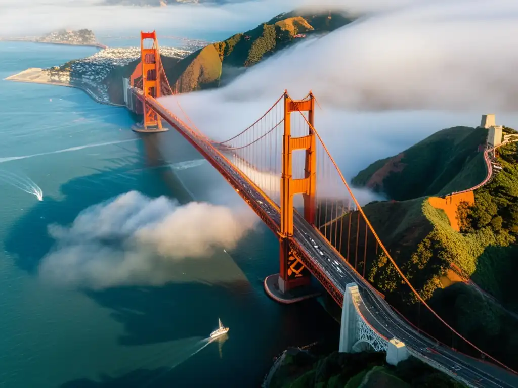 Puentes históricos visitas virtuales: Una impresionante foto aérea del icónico Puente Golden Gate en San Francisco, resaltando su color rojo anaranjado y la majestuosa presencia sobre la bahía