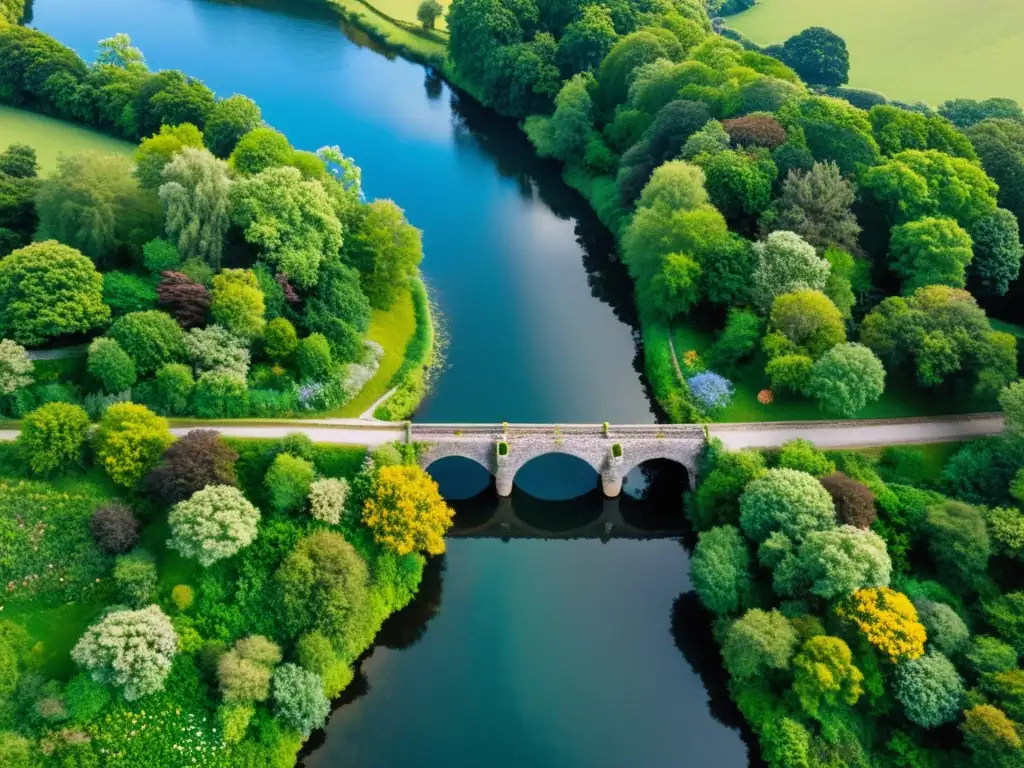 Evolución de puentes icónicos: antiguo puente de piedra sobre río, rodeado de vegetación exuberante y flores silvestres vibrantes