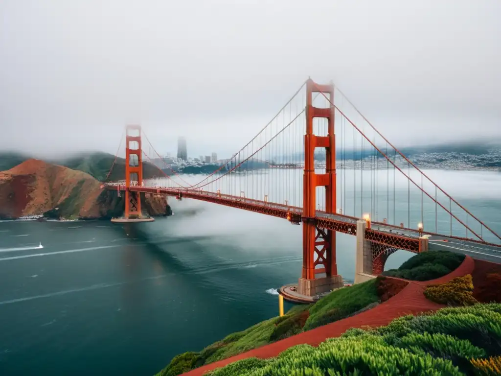 Puentes icónicos arquitectura cultural: El puente Golden Gate emerge entre la niebla, conectando la ciudad con la naturaleza