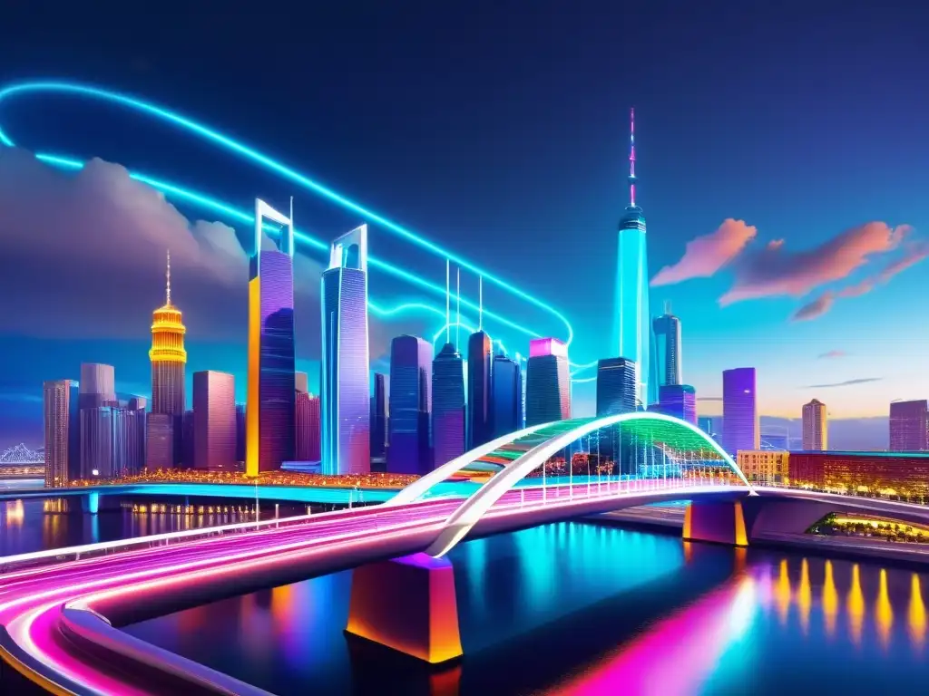 Puentes icónicos arte ingeniería: Increíble ciudad futurista con puentes transformados en instalaciones de arte vibrantes y colores vivos