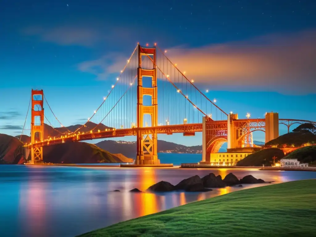 Puentes icónicos iluminación artística: El puente Golden Gate brilla con luces dinámicas, creando un espectáculo visual impresionante en la noche