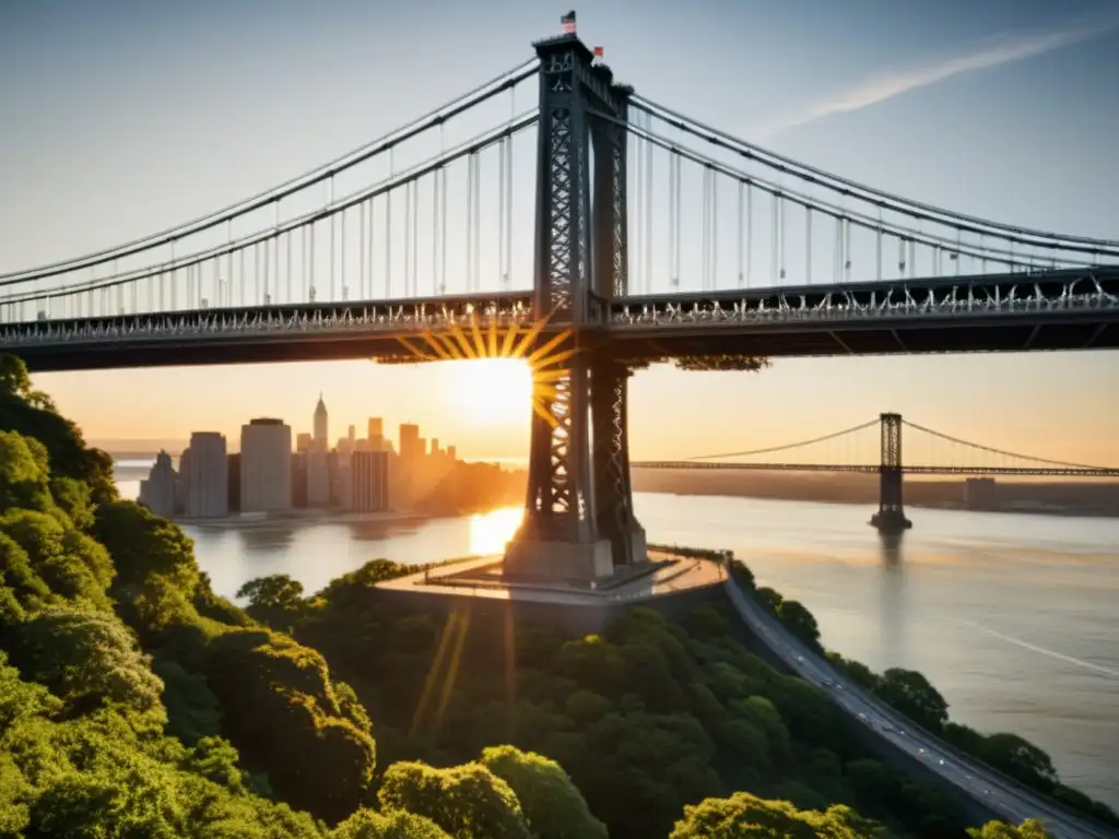 Puentes icónicos de Othmar Ammann: Atardecer dorado sobre el majestuoso puente George Washington y el horizonte de Nueva York