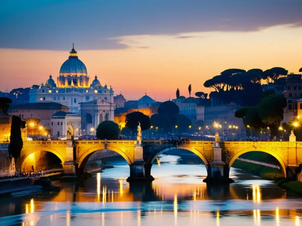 Puentes icónicos: el cálido atardecer baña el antiguo Ponte Sant'Angelo en Roma, con ángeles y el imponente Castel Sant'Angelo de fondo