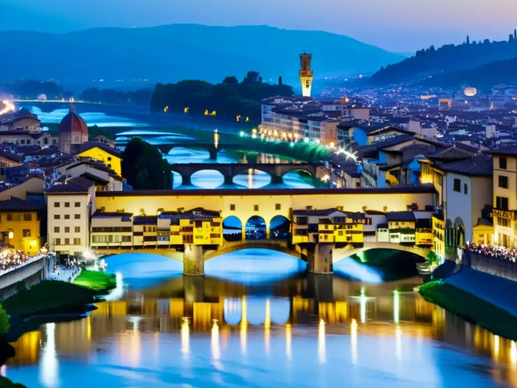 La evolución de puentes icónicos: el cálido atardecer en el río Arno resalta la belleza de la Ponte Vecchio de Florencia, Italia