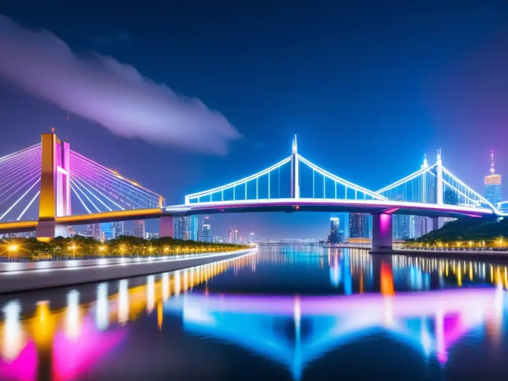 Puentes icónicos en ciencia ficción: una ciudad futurista deslumbrante con imponente puente iluminado y rascacielos iluminados por la noche