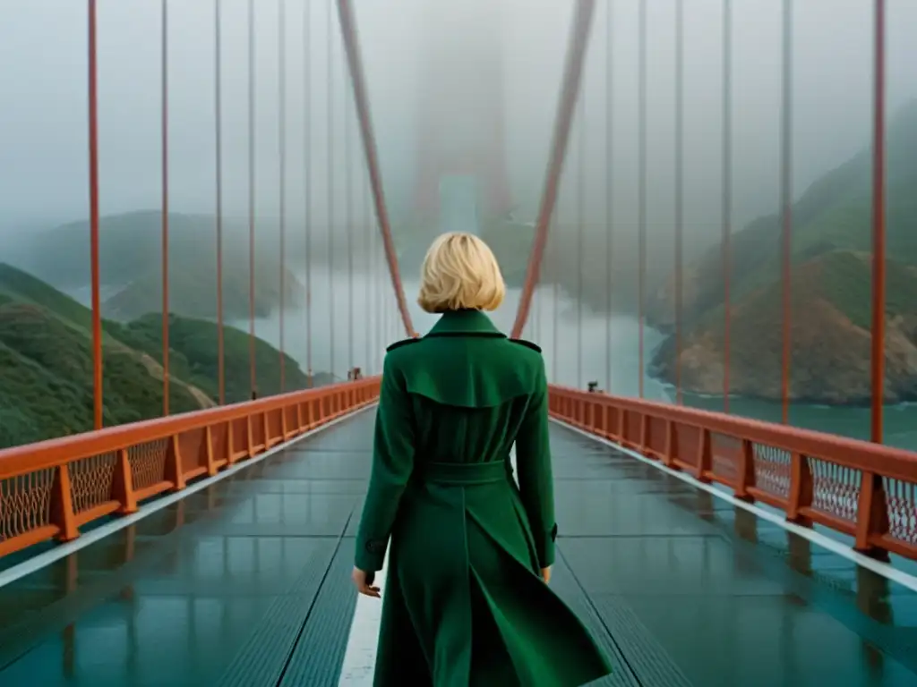 Puentes icónicos del cine: Escena de 'Vértigo' donde Scottie sigue a Madeleine a través del puente Golden Gate, envuelto en misterio y emoción