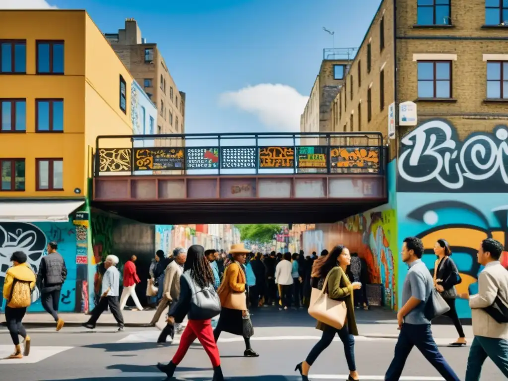 Puentes icónicos cultura popular: Una bulliciosa calle urbana con un puente de fondo, reflejando la diversidad y vitalidad de la vida urbana