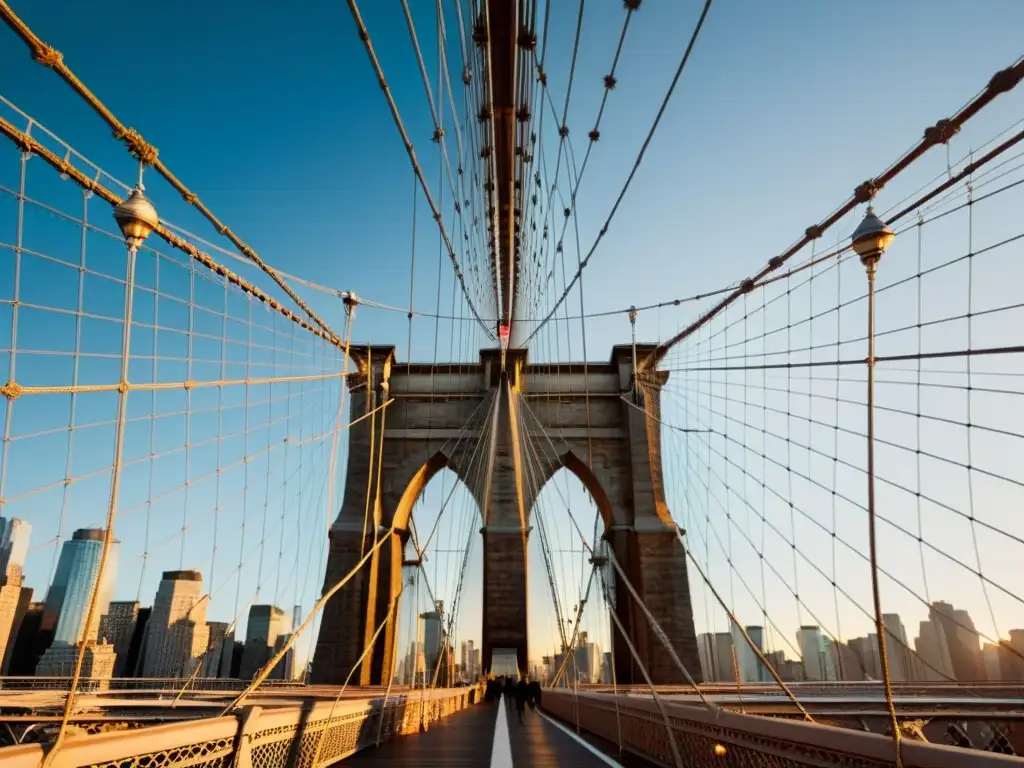 Esplendor gótico: Puente de Brooklyn al atardecer Representación literaria de puentes icónicos: Fotografía detallada del atardecer en el Puente de Brooklyn, resaltando su grandiosidad gótica y juego de luces y sombras