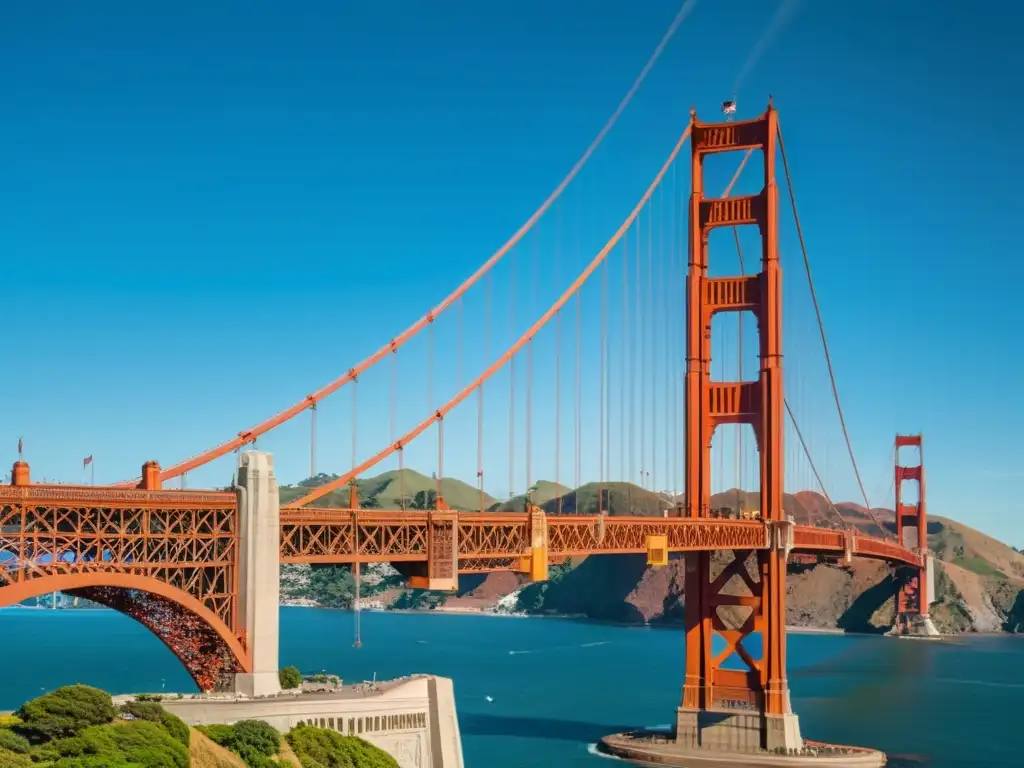 Puentes icónicos mundo: Fotografía detallada 8k del Puente Golden Gate en San Francisco, resaltando su color característico