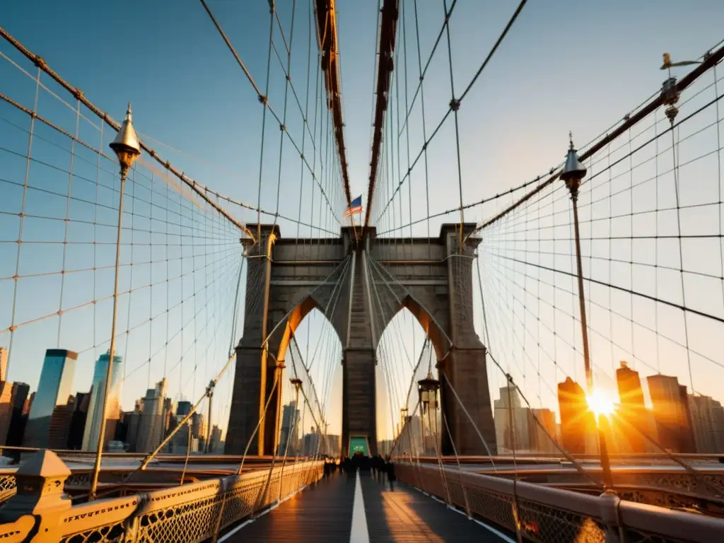 Puentes icónicos: detallada foto 8k del atardecer en el Puente de Brooklyn, resaltando su arquitectura y juego de luces y sombras