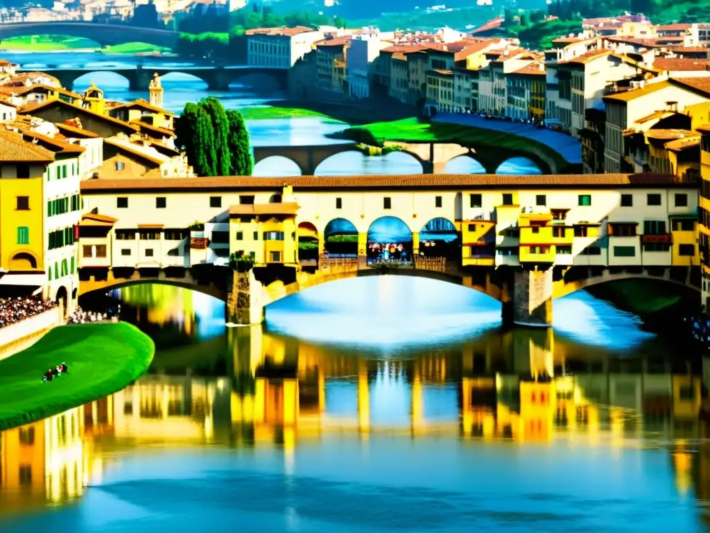 Ponte Vecchio al atardecer: belleza eterna en Florencia Representación literaria de puentes icónicos: detallada imagen 8k de la Ponte Vecchio en Florencia, Italia, con el río Arno y tiendas animadas