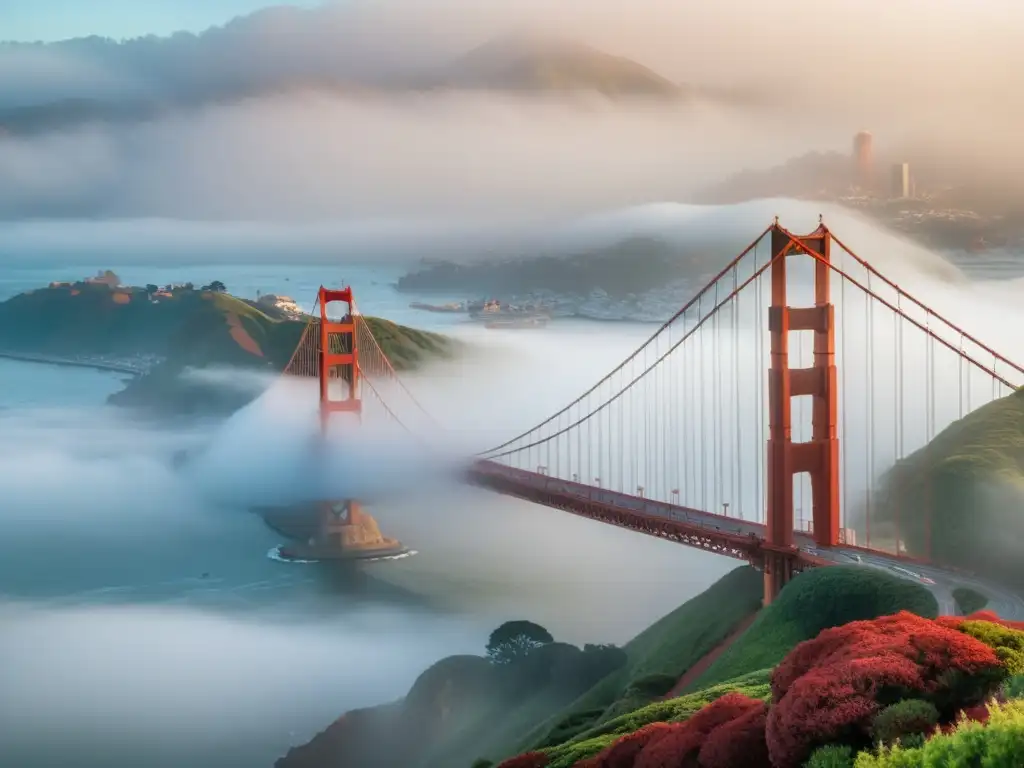 Fotografía de puentes icónicos: El emblemático puente Golden Gate emerge majestuoso entre la niebla, con la ciudad de fondo