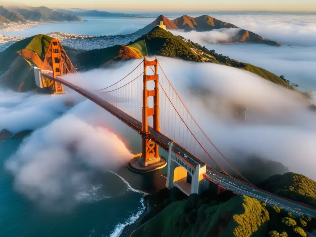 Puentes icónicos en escenas de cine: La majestuosa estructura del Puente Golden Gate se destaca entre la bruma, evocando una atmósfera cinematográfica