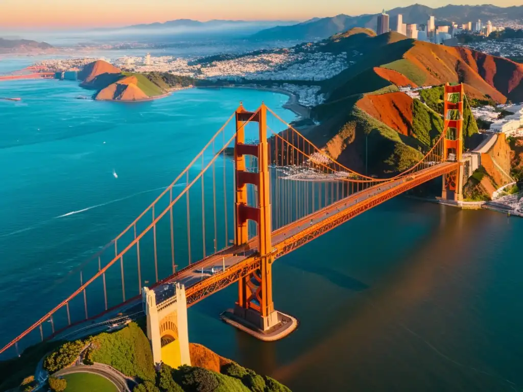 Puentes icónicos escenas cine: El puente Golden Gate bañado por un atardecer vibrante, destacándose contra el cielo y la silueta de la ciudad