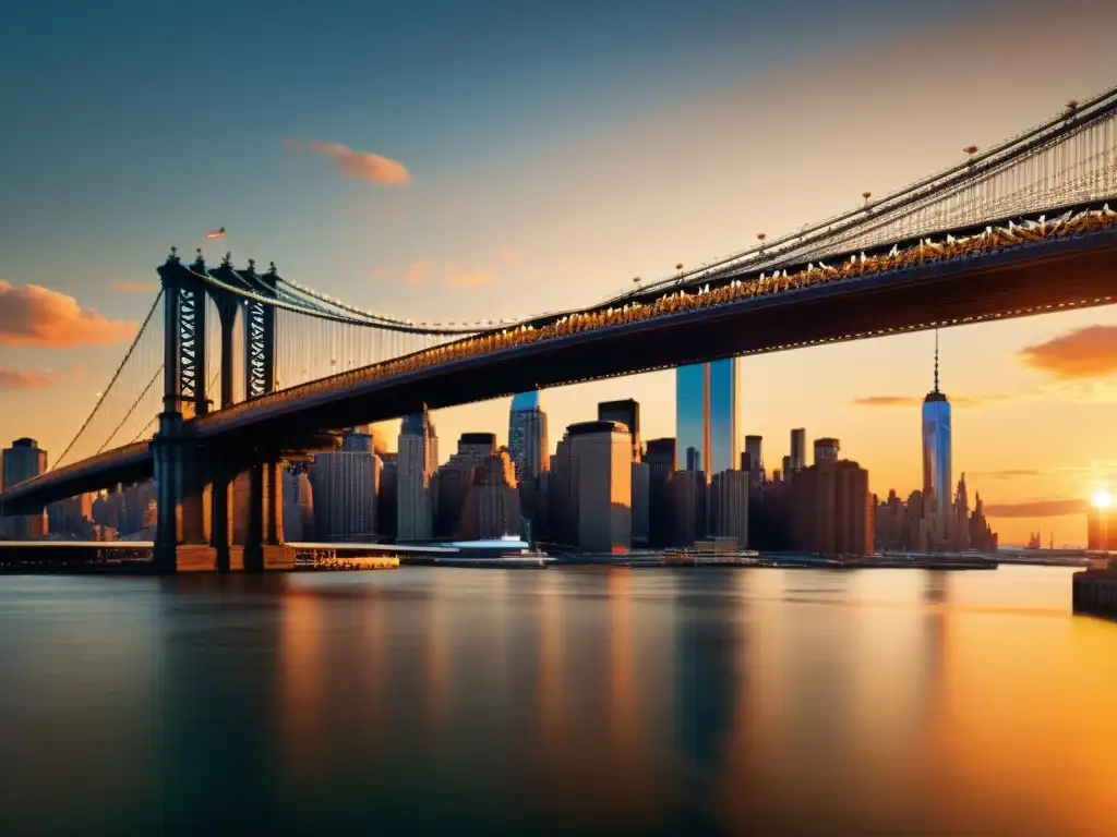 Puentes icónicos en escenas de cine: vista impresionante del puente al atardecer, con el skyline de la ciudad reflejado en el agua