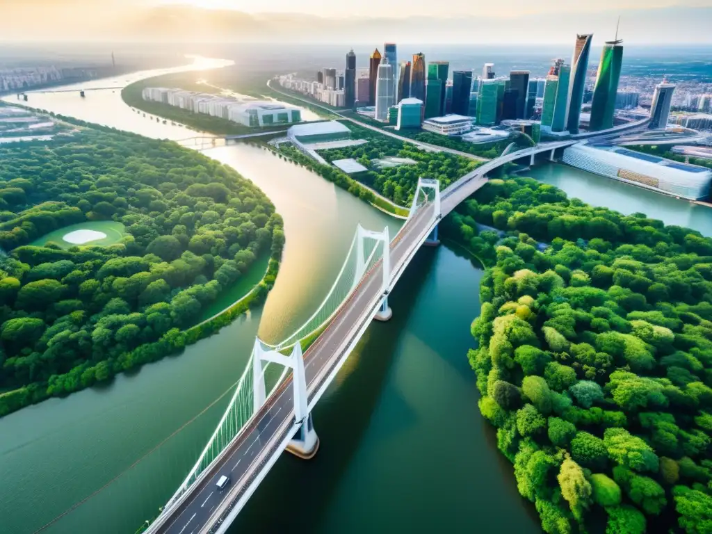 Puentes icónicos integrando espacios naturales: red de puentes modernos, vegetación exuberante y vida urbana bajo el resplandor del sol