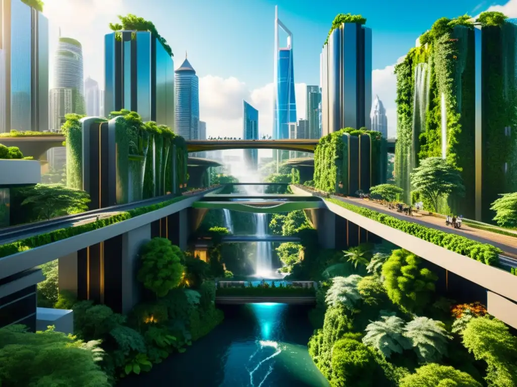 Puentes icónicos integrando espacios naturales en una ciudad futurista con cascadas y jardines verticales, creando un oasis urbano impresionante