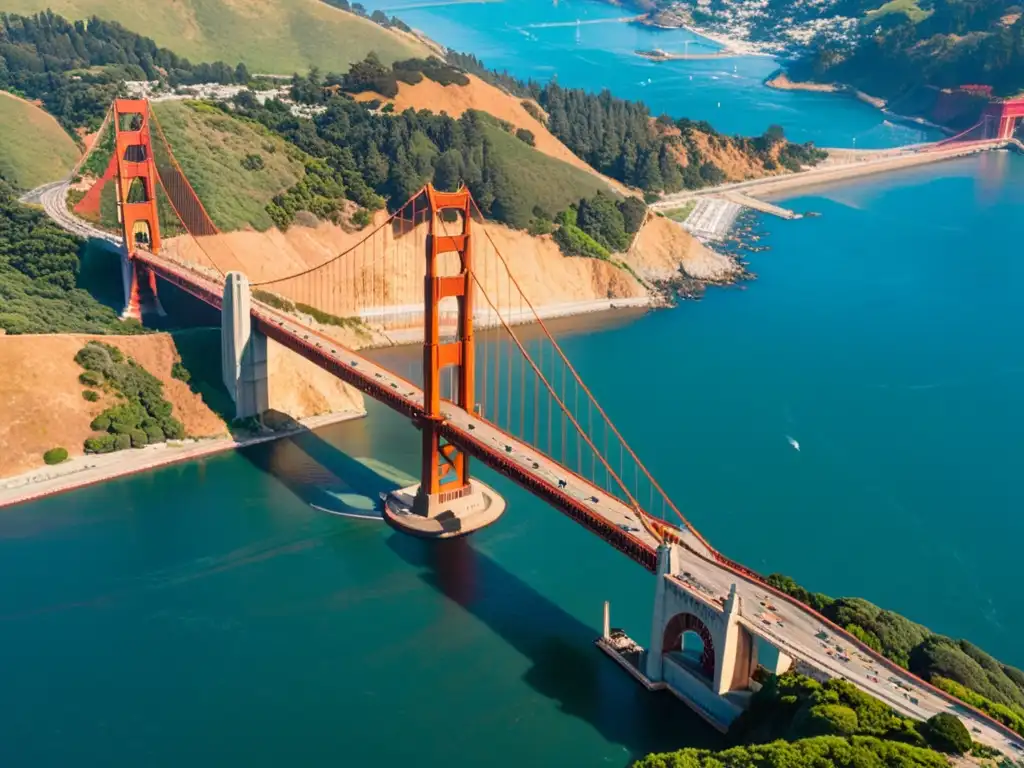 Puentes icónicos integrando espacios naturales: El majestuoso Puente Golden Gate se eleva sobre las aguas azules, con colinas verdes y la ciudad al fondo, bañado por la cálida luz del sol