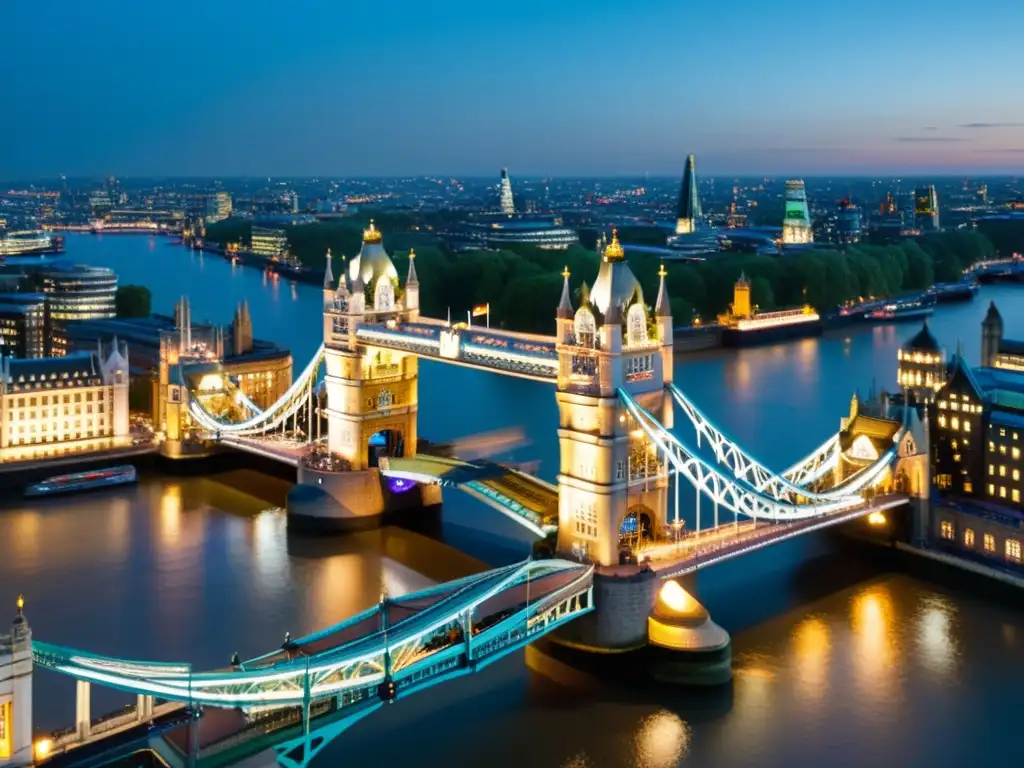 Puentes icónicos combinan estilos: Imagen en ultradefinición del emblemático Tower Bridge al anochecer, reflejando la fusión de la arquitectura gótica victoriana y la ingeniería moderna en Londres