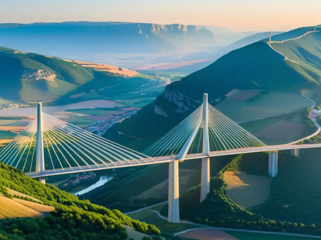 Puentes icónicos Pei Cobb Freed: El Viaducto de Millau en Francia resplandece al atardecer, destacando su elegante diseño y las montañas al fondo