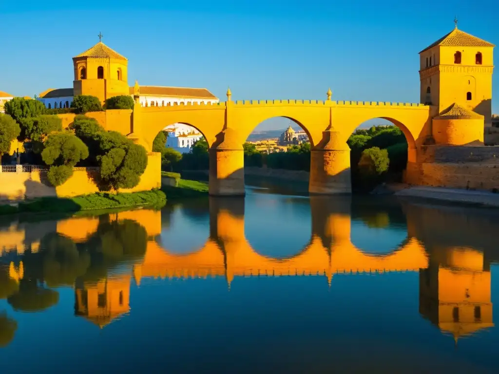 Puentes icónicos historia arquitectura cultural: Atardecer dorado sobre el antiguo puente romano de Córdoba, testigo de siglos de historia y cultura