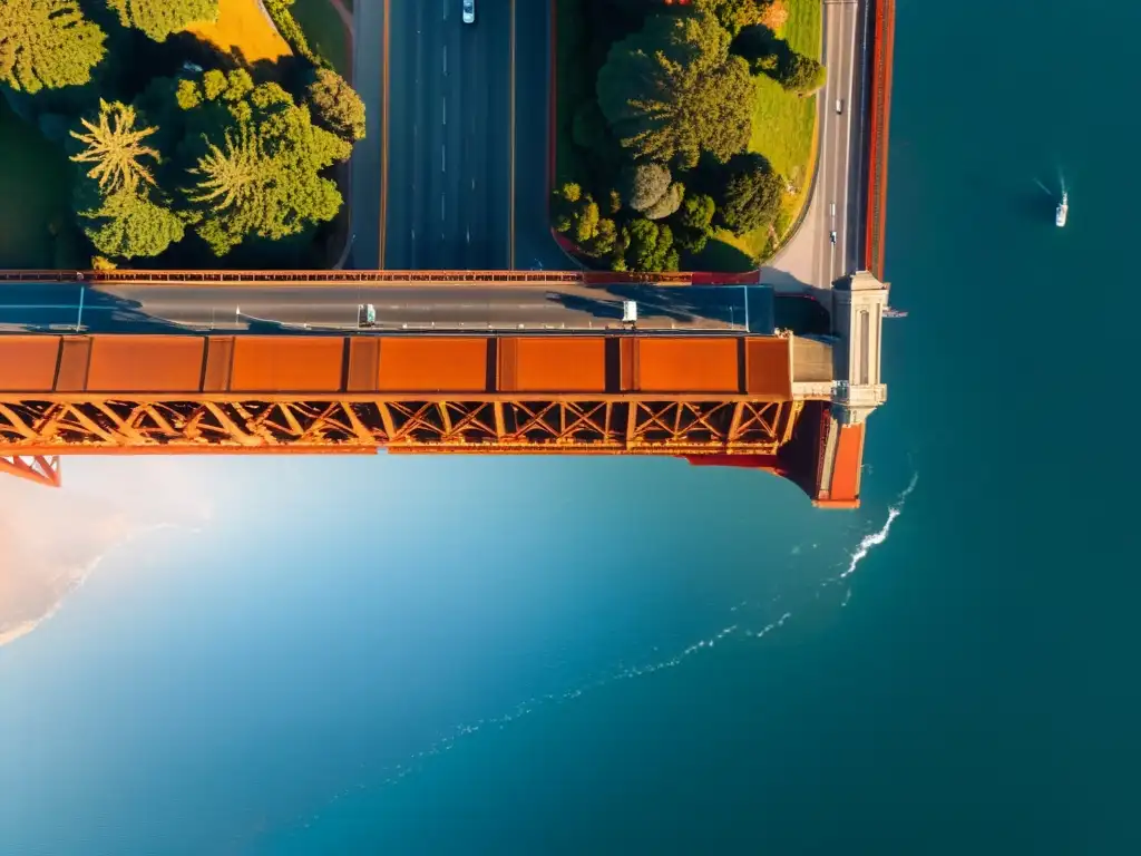 Puentes icónicos en la historia: El atardecer en el puente Golden Gate de San Francisco, con sus cálidos reflejos en el agua