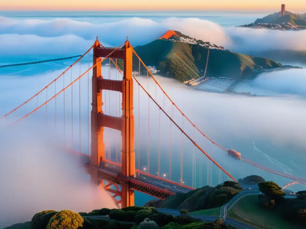 Puentes icónicos en la historia: El Puente Golden Gate emerge majestuoso entre la neblina matutina, bañado en el cálido resplandor del sol naciente