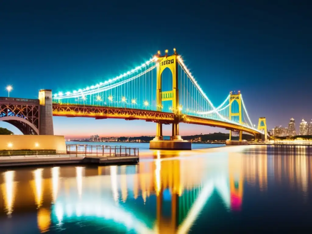 Puentes icónicos iluminados con luz artística, reflejándose en aguas tranquilas, creando un impactante paisaje urbano nocturno