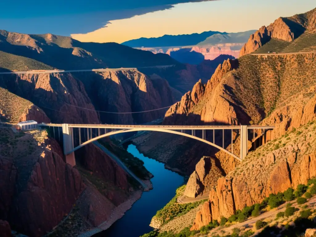 Tecnología de visualización para puentes icónicos: Imagen de atardecer en el puente Royal Gorge, mostrando su arquitectura y entorno natural