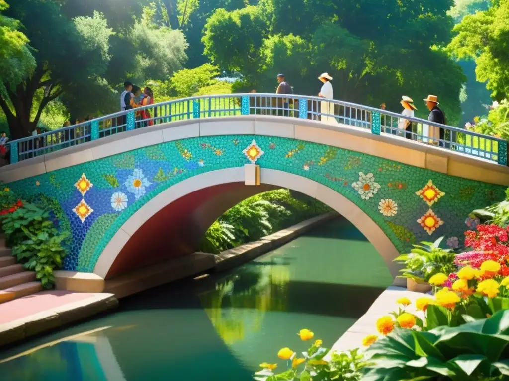 Puentes icónicos impacto cultural: un puente con mosaicos vibrantes, naturaleza exuberante y personas felices que pasean