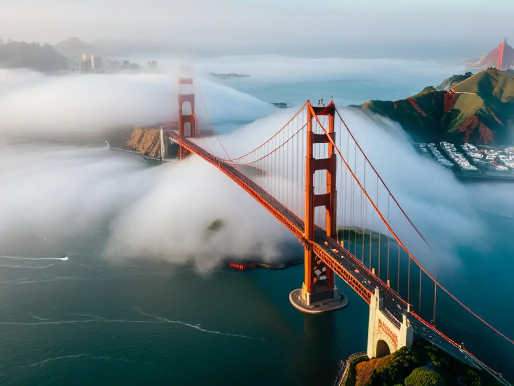 Puentes icónicos estructuralmente impresionantes: el Puente Golden Gate emerge majestuoso entre la niebla matutina en San Francisco