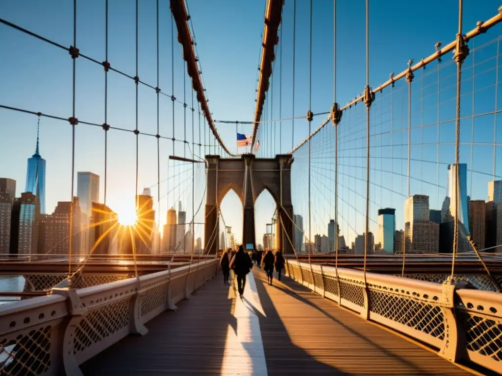 Puentes icónicos impresionantes del mundo: el atardecer ilumina el Brooklyn Bridge y el skyline de Manhattan, con gente cruzando la pasarela