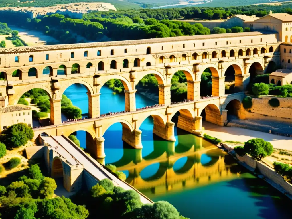 Puentes icónicos impresionantes del mundo: Detalle del Pont du Gard con luz cálida y paisaje circundante