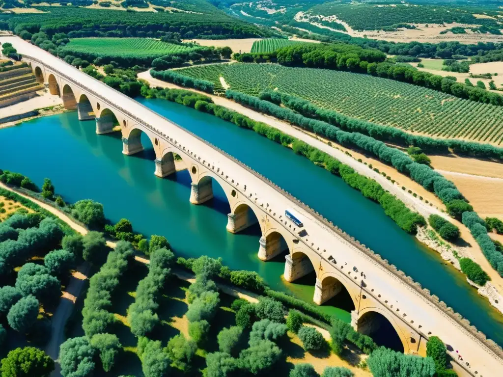 Puentes icónicos en itinerarios enológicos: el majestuoso Pont du Gard en la región de Provenza, Francia, rodeado de viñedos verdes