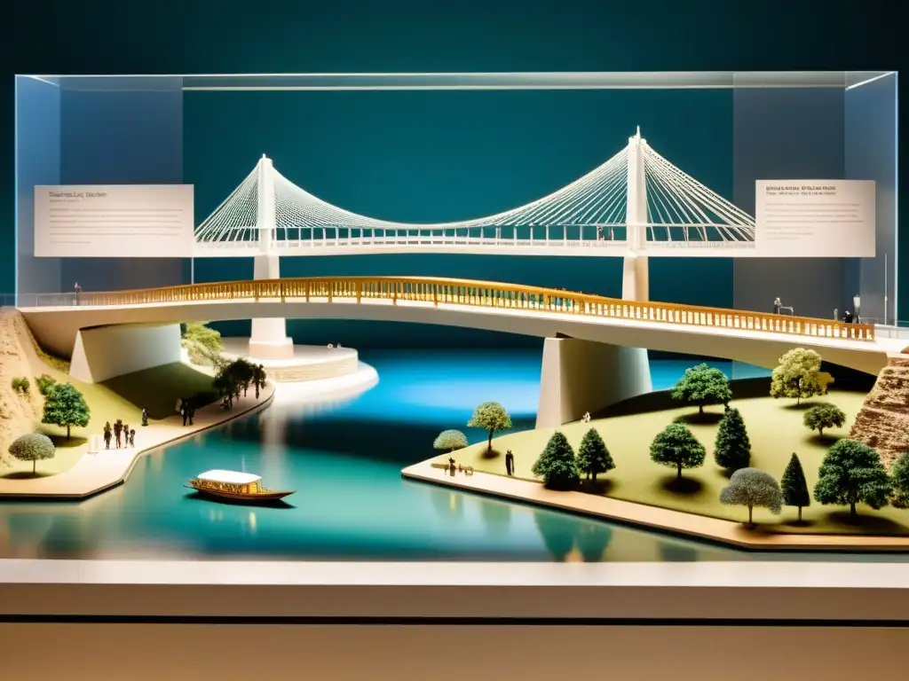 Exposición de puentes icónicos a lo largo de la historia, con modelos detallados y visitantes explorando la arquitectura cultural