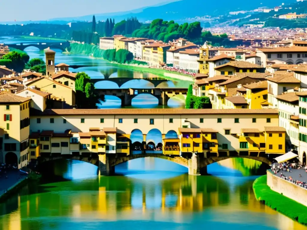 Puentes icónicos en literatura: La belleza histórica del Ponte Vecchio en Florencia, con sus arcos de piedra y el río Arno bajo el cálido sol