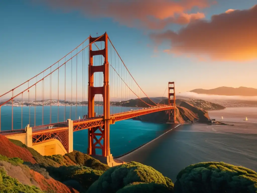 Fotografía de puentes icónicos: La majestuosa estructura roja del Puente Golden Gate destaca en el cálido atardecer, enmarcada por el paisaje natural