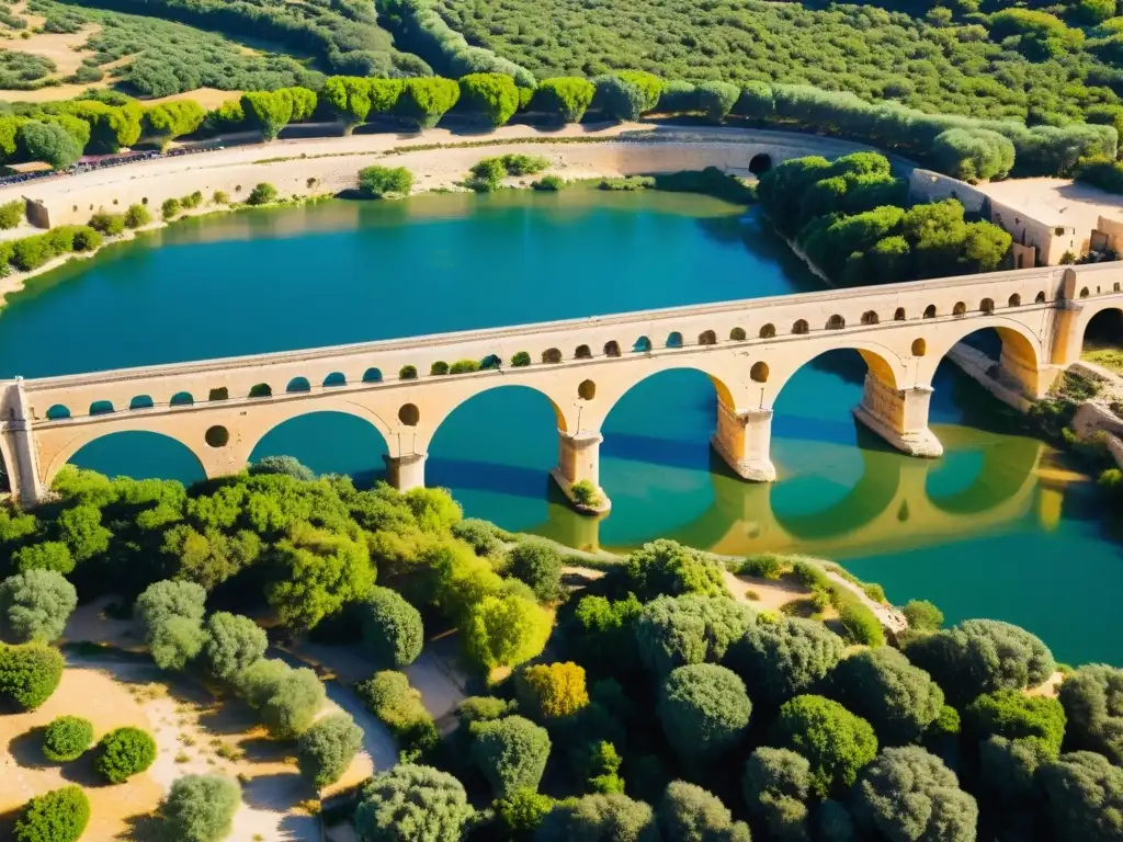 Puentes icónicos del mundo: Antiguo puente romano Pont du Gard bañado por cálida luz, rodeado de exuberante vegetación y visitantes