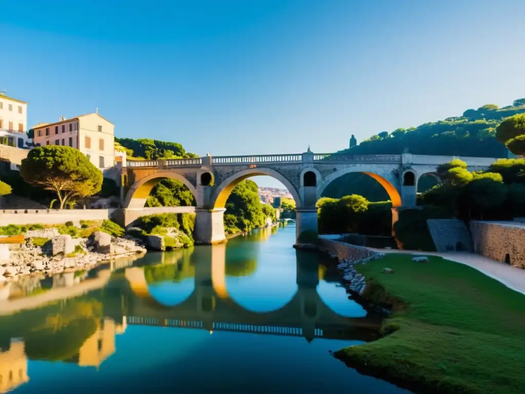 Dos puentes icónicos del mundo: el antiguo Ponte Fabricio y un moderno puente de suspensión, contrastando la arquitectura y la ingeniería